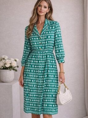 Vintage SCHRADER NWT Von Maur 80s Green White Patterned Dress Size 8